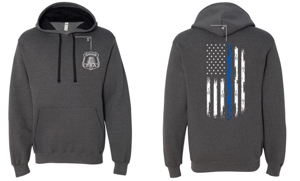 Front and back of Reading PBA Badge and Blue Line Flag Gray Hoodie